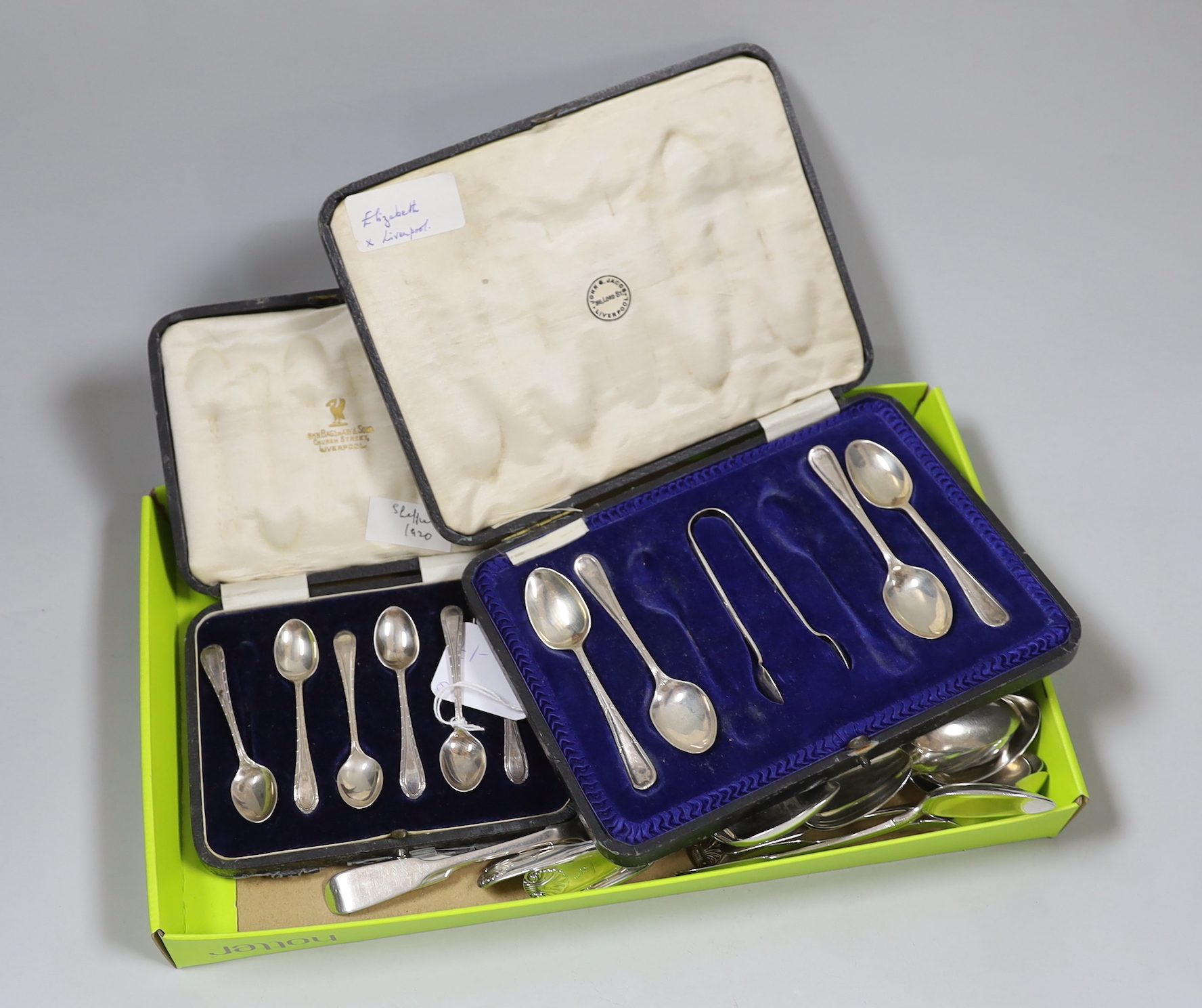 A cased set of six George V silver coffee spoons, one other incomplete set of silver spoons and sixteen other assorted silver teaspoons, various patterns, dates and makers, 12.8oz.